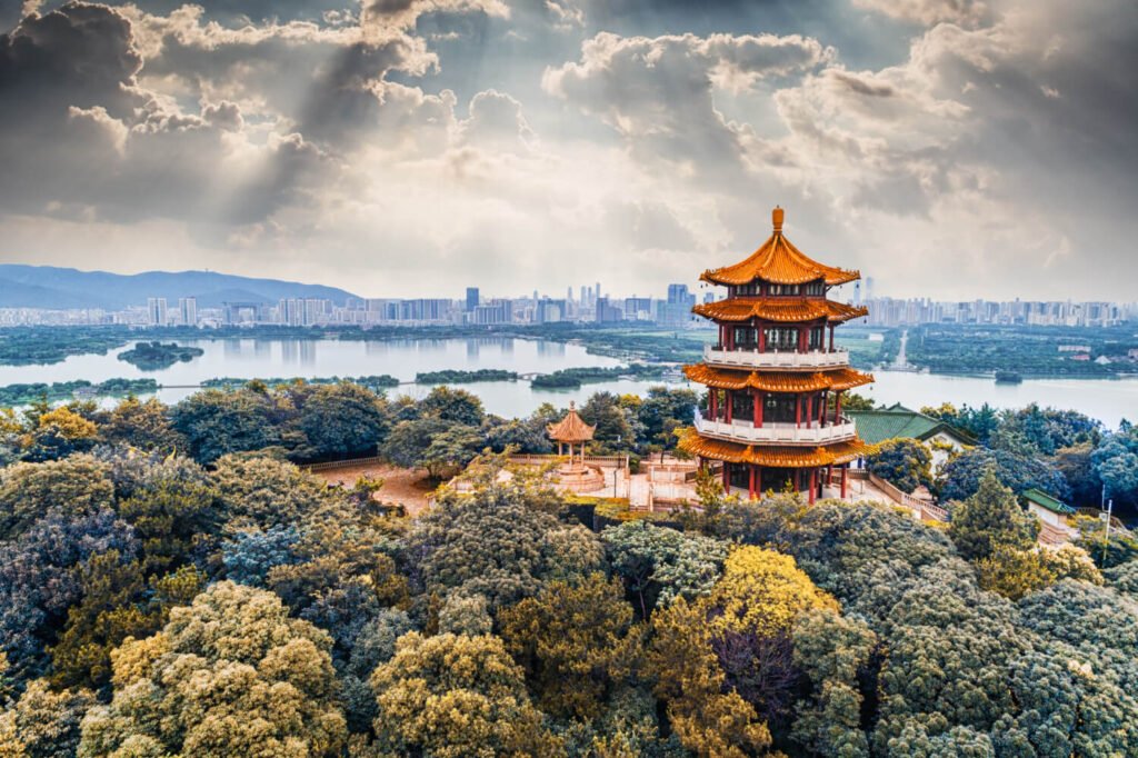 old tower with city